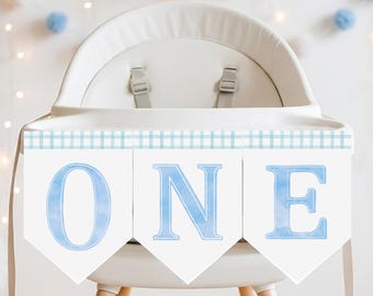 First Birthday High Chair Banner, Blue Watercolor ONE, Printable Party Decor, Editable in Canva
