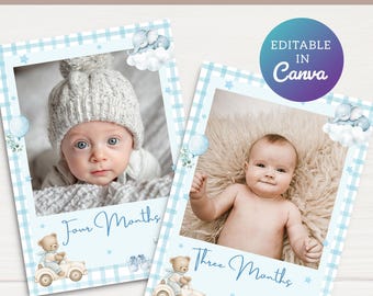 Monthly Photo Banner, Baby First Year Pictures, Blue Milestone Signs, Editable 12 Month Banner