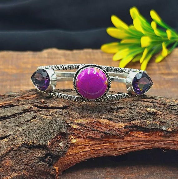 Purple Copper Turquoise With Amethyst Quartz Bangle, Handmade Cuff