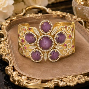 May include: A gold cuff bracelet featuring five large, round, purple cabochon stones arranged in a floral pattern. The stones are surrounded by small white pavé diamonds, with additional small red stones and white metal scrollwork accents.