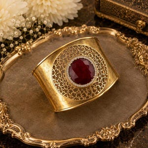 Puede incluir: Un brazalete ancho de tono dorado con una piedra preciosa circular de color rojo intenso facetada en el centro, rodeada por un halo de pequeñas piedras claras. La superficie metálica presenta un intrincado patrón de filigrana y un acabado texturizado.