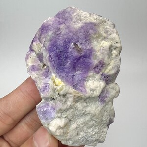 May include: A natural fluorite specimen, displaying a mix of colours. The stone has a central area of deep purple, set within a matrix of white and pale yellow. The rough texture and colour variations make it a captivating mineral for collectors.