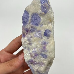 May include: A natural stone with a mix of white and purple colours. The stone has a textured surface with irregular shapes and sizes of purple inclusions. The overall appearance is a blend of colours and textures.