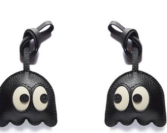 Leather Pac-man Bag Charm, Handmade Ghost Charm, Cute Ghost
