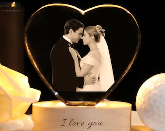 Personalized Heart Crystal Photo Portrait LED, Custom Portrait in Crystal Light, Portrait in Crystal, Anniversary Gift, Christmas Photo Gift