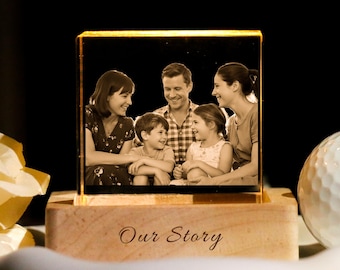 3D Crystal Photo Brick Cube with Light Base, Personalized Custom Glass Laser Etched & Engraved Photo, Picture, Keepsake for any Occasion