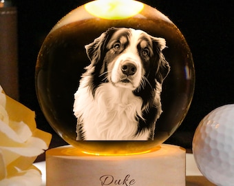Personalized Round 3D Crystal Pet Photo with LED Base - Custom Laser Engraved Gift, Memorial gifts for dogs, Pet Loss Gift