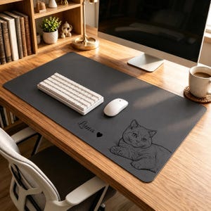 Könnte beinhalten: Eine große, rechteckige, dunkelgraue Schreibtischunterlage mit einer schwarzen Strichzeichnung einer Katze sowie dem Namen Luna und einem kleinen Herzsymbol. Die Unterlage liegt auf einem Holztisch mit einer weißen Tastatur und Maus.