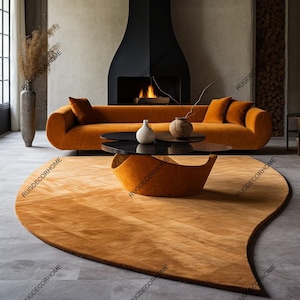 Modern Abstract Irregular Shape Golden Premium Woolen Hand Tufted Area Rug Handmade For Living, Dining, Kids, Bedroom And Home