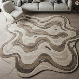 Beige Brown Modern Contemporary Irregular Shape Hand Tufted Abstract Design 8x10 Bedroom Rug, Handmade 9x12 Wool Area Rugs for Living Room