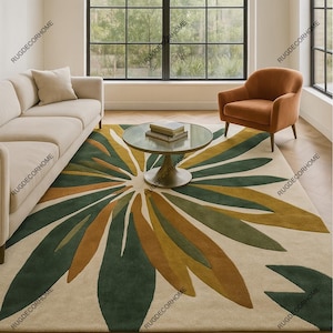Hand-Tufted Olive and Sage Green Botanical 8x10 Modern Leaf Pattern Wool Area Rug/Carpet – Contemporary Nature-Inspired Living Room Decor