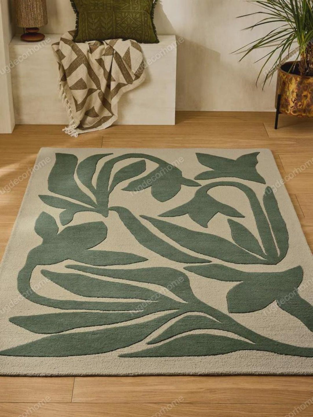 Green Earthy Pattern Rug Hand Tufted Green Botanical Rug, Minimalist Plant Motif Area Rug for ...