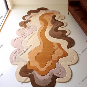 Modern Irregular Shape Premium Beige And Brown Woolen Hand Tufted Area Rug Handmade For Living And Dining Room, Bedroom And Home
