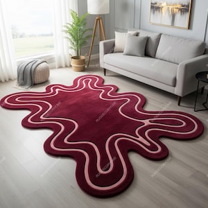 Deep Red Irregular Abstract Hand Tufted Organic Shape Textured Wool Area Rugs for Bedroom, Modern Wavy Pattern Unique Design Living Room Rug
