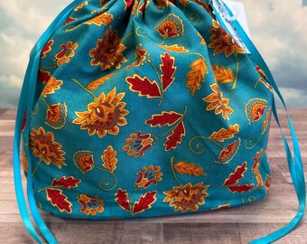 Includes interior Pocket!  Double Sack Divided Project Bag with pocket in Fall Floral