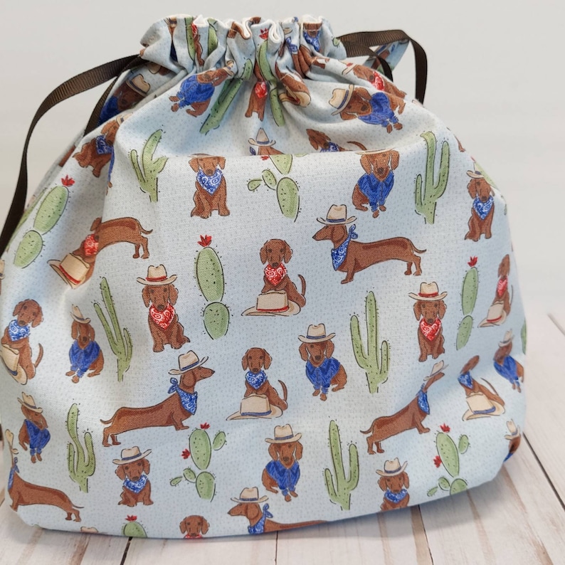 Available in three sizes Sale Double Sack Divided Project Bag with pocket in Cowboy Doxie