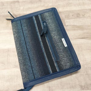 May include: A blue and gray striped zippered pouch with a navy blue border and a small zippered pocket on the front. The pouch has a black strap and a white label that says "Sewn & Cozy".