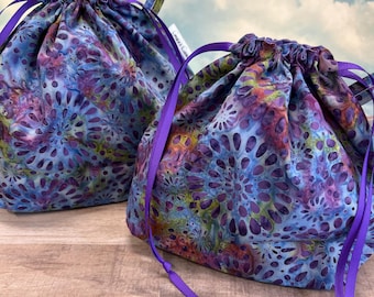 Includes interior Pocket!  Double Sack Divided Project Bag with pocket in Purple Assorted Batik - Multiple sizes Available