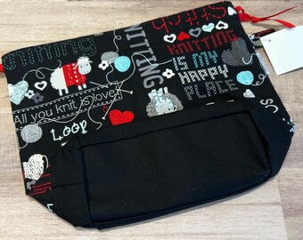 Includes interior Pocket!  Double Sack Divided Project Bag with pocket in Knitting Sheep Available in XS only