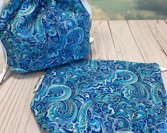 Includes interior Pocket!  Double Sack Divided Project Bag with pocket in Blue Scroll