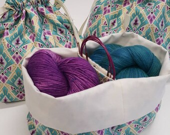 New Pocket! Double Sack Divided Project Bag with pocket in Deco Elegance Medallion, Available in three sizes
