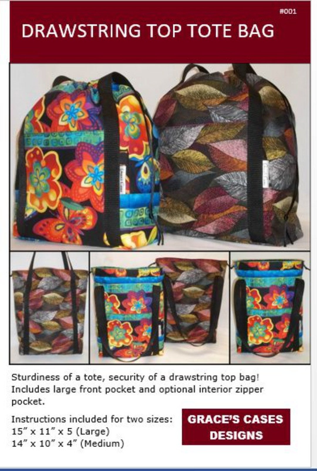 Drawstring Top Tote Bag Sewing Pattern - Pdfdownload - by Grace's Cases ...