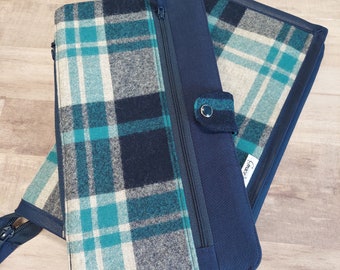 Deluxe knitting needle case for circulars, interchangeable tips, and short dpns in Navy and teal plaid Pendleton Wool