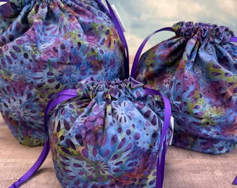 Single Sack Project Bags in Purple Assorted Batik in multiple sizes available - Reversible