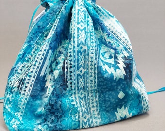 Includes interior Pocket!  Double Sack Divided Project Bag with pocket in Southwest blues.   Available in three sizes