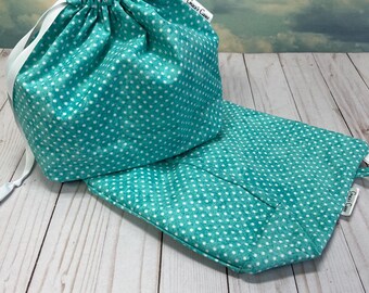 Includes interior Pocket!  Double Sack Divided Project Bag with pocket in Teal Polkadots