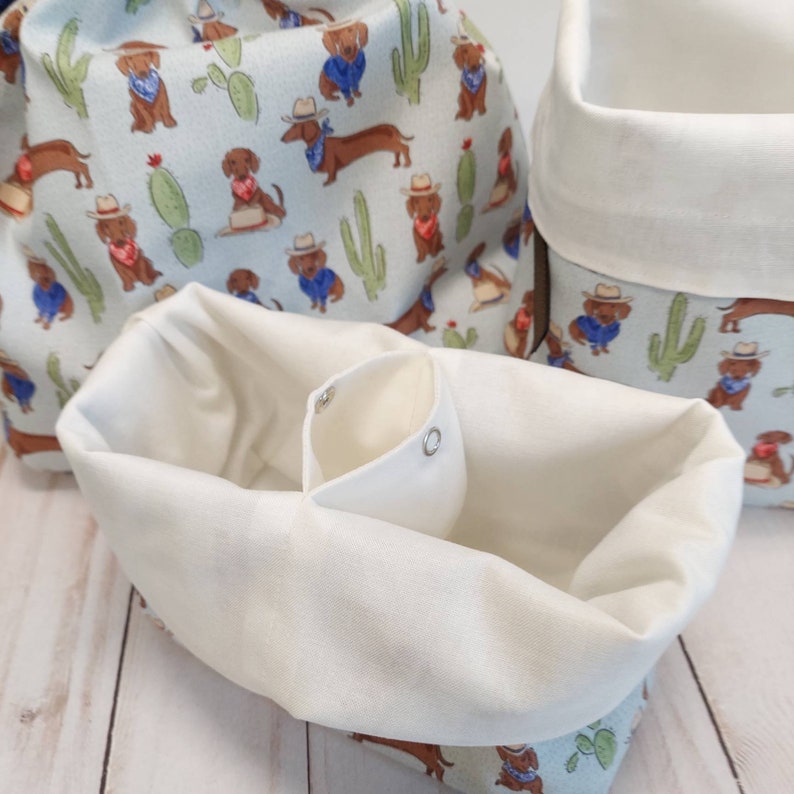 Available in three sizes Sale Double Sack Divided Project Bag with pocket in Cowboy Doxie