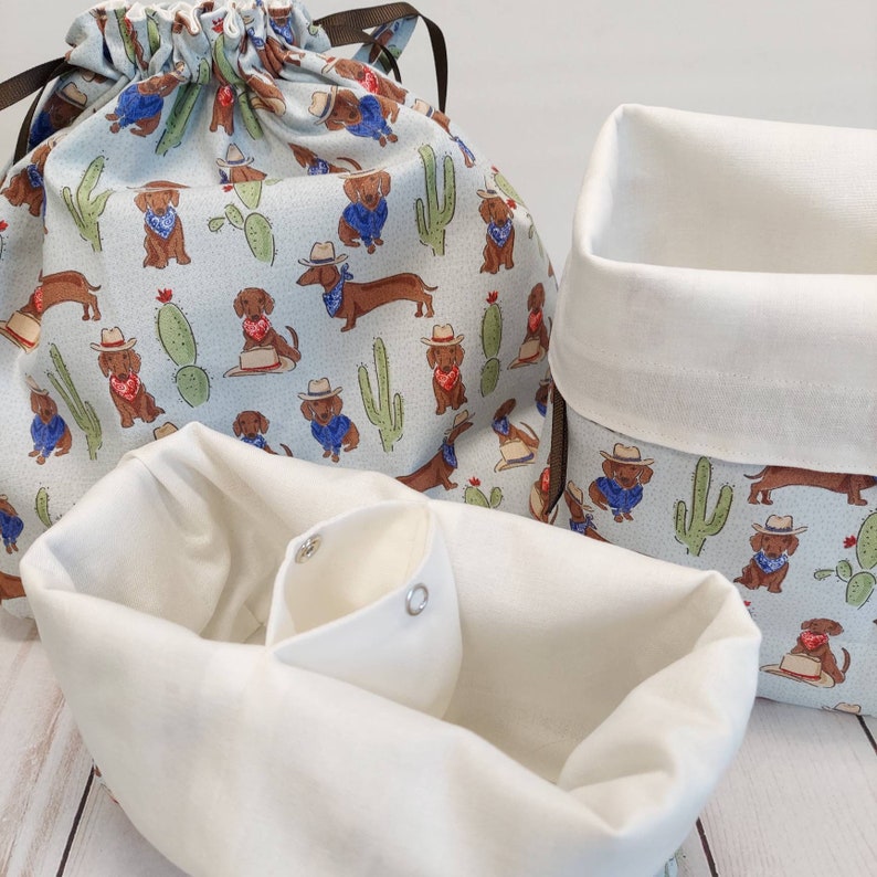 Available in three sizes Sale Double Sack Divided Project Bag with pocket in Cowboy Doxie