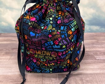 Single Sack Project Bags in I Love My Cat size medium only - Reversible