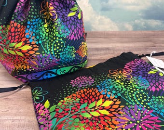 Single Sack Project Bags in Rainbow Floral (Yellow lined) in multiple sizes available - Reversible