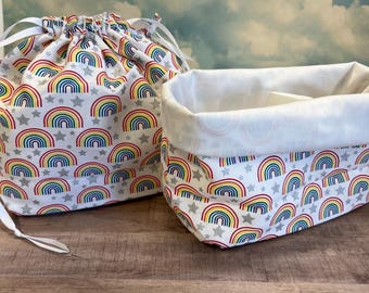 Includes interior Pocket!  Double Sack Divided Project Bag with pocket in Rainbows