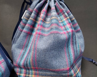 Single Sack Project Bags in PendletonWool plaid on blue, in three sizes - Reversible