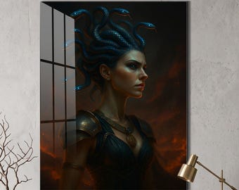 Dekoracja ścienna ze szkła UV, sztuka ścienna ze szkła Meduza, mitologiczna wojowniczka, nadruk UV na szkle hartowanym, wystrój w stylu fantasy i pomysł na prezent