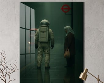 May include: A rectangular wall art print featuring a dark, moody scene of an astronaut in a light-coloured suit standing next to a person wearing a headscarf and a dark coat. A red London Underground sign is visible in the background.