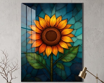 Stained Glass Sunflower Glass Wall Art, Colorful Mosaic Flower Decor, Modern Farmhouse Kitchen Sign, Large Floral Nature Print, Spring Gift