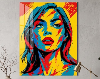 Colorful Pop Art Woman Glass Wall Art, Abstract Female Portrait, Vibrant Modern Home Decor, Tempered Glass Wall Hanging for Living Room