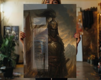 中世の戦士の壁掛けアート、鎧、剣、嵐の空を背景にした壮大な戦闘シーンのイラストプリント、ダークファンタジーの騎士ポスター