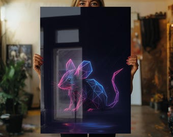 Geometrische Maus Glaswandkunst, modernes Polygon-Tier UV-Druck auf gehärtetem Glas, minimales Tech-inspiriertes Geschenk für Zuhause oder das Büro