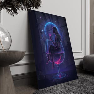 Cosmic Wine Art Print – Woman Silhouette Relaxing in Glass Under Celestial Moonlight Fantasy Night Sky Canvas Wall Decor
