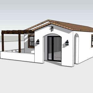 May include: A 3D architectural rendering of a white stucco house with a brown tile roof. The house features a pergola, black framed windows, and black framed glass doors. Exterior sconces flank the entrance.