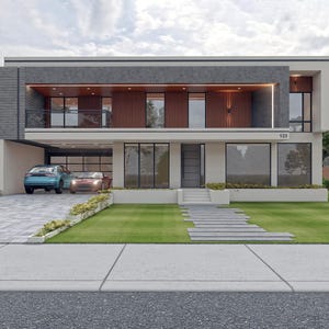 Puede incluir: Casa moderna de dos pisos con fachada gris y blanca, grandes ventanales y garaje. La casa tiene un césped cuidado, una entrada pavimentada y un coche azul y otro rojo aparcados en el garaje. El número 121 es visible.