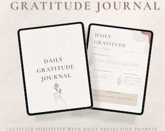 May include: Digital gratitude journal with a minimalist design. The cover displays "Daily Gratitude Journal" in a serif font, with a hand holding a floral sprig. The open page shows prompts for daily reflection.