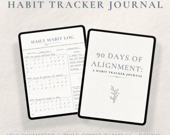 Può includere: Due diari digitali per il monitoraggio delle abitudini. Uno mostra un registro delle abitudini quotidiane con caselle di controllo, l'altro recita "90 Days of Alignment: A Habit Tracker Journal". I diari sono bianchi con bordi e testo neri.
