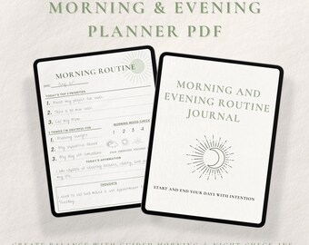 Può includere: PDF del pianificatore digitale mattutino e serale. Due pianificatori digitali con bordi neri. Uno mostra una routine mattutina con indicazioni per le priorità e la gratitudine. L'altro dice "Morning and Evening Routine Journal" con un design sole e luna.