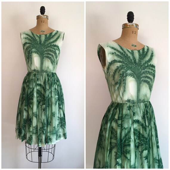 Vintage 1950s Tree Novelty Print Dress 50s Green C