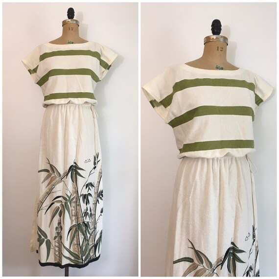 Vintage 1970s Terry Cloth Maxi Dress 70s Bamboo Bo